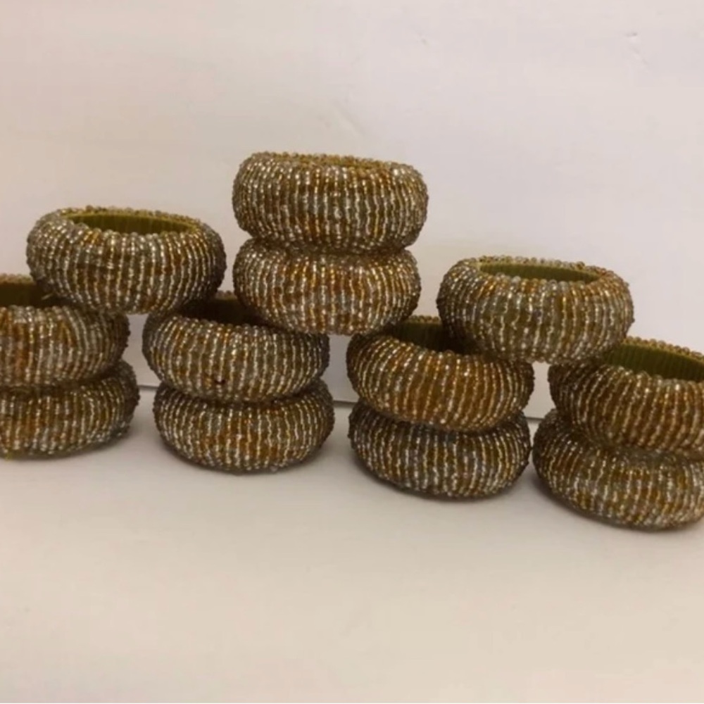 Pier 1 Gold Brown Amber Beaded Napkin Rings Set Of 12
